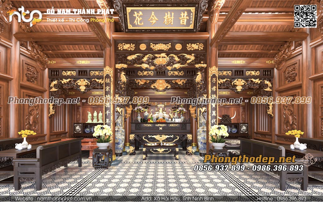 Không gian nội thất nhà gỗ 3 gian lim Lào ấm cúng